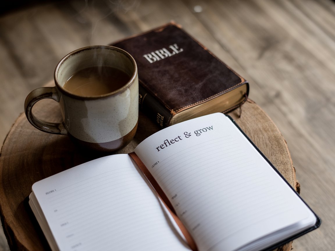  Flat lay of a journal, coffee mug, and Bible or book