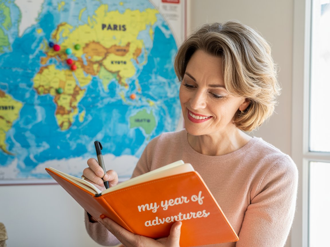 A midlife woman checking off items in a colorful planner and pinning a travel map