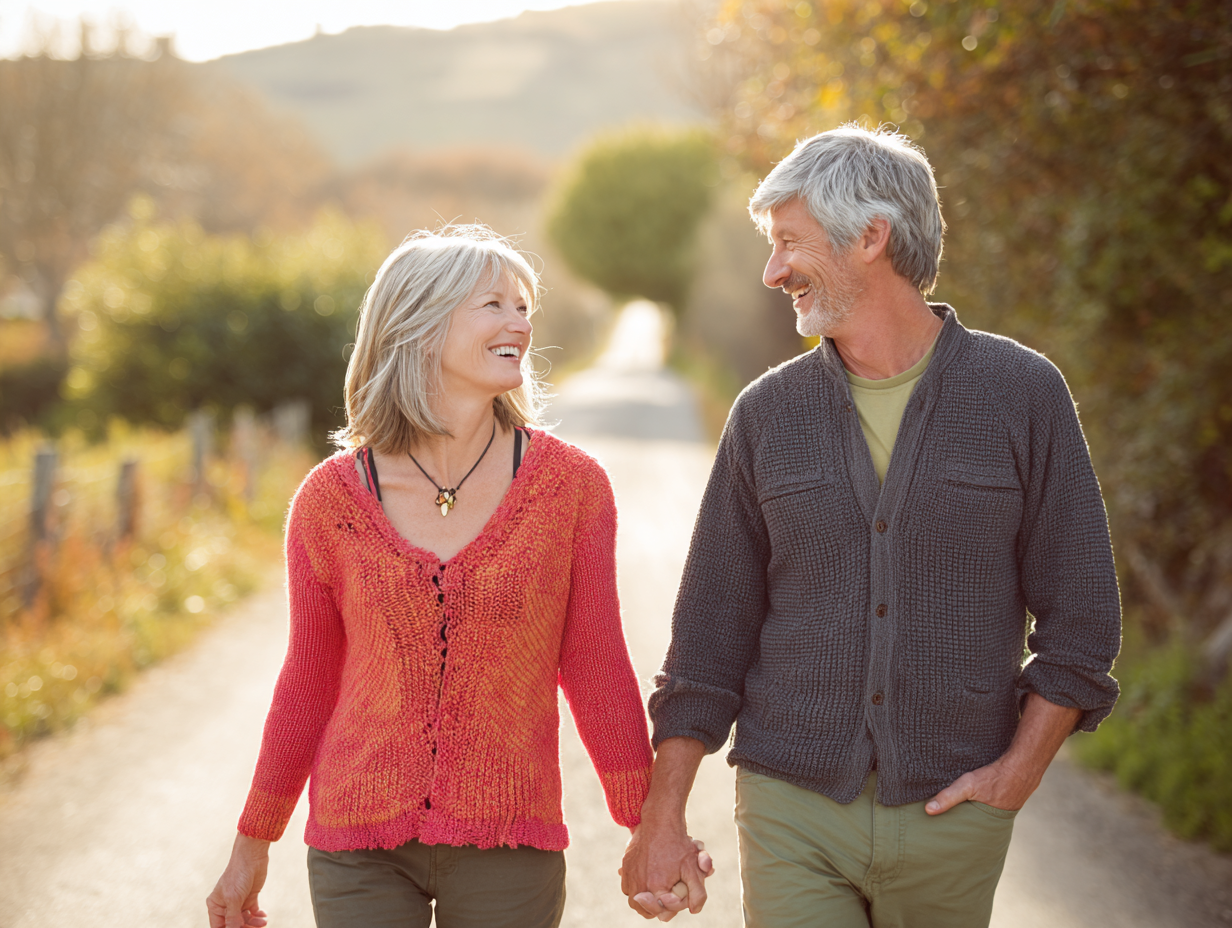 A mature couple walking hand-in-hand on a path.