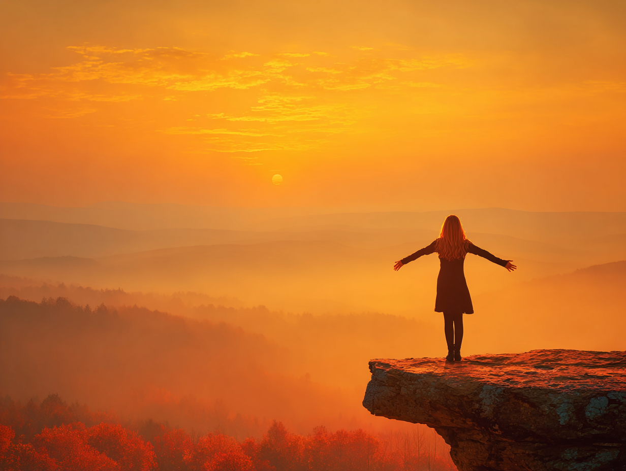 a woman on a cliff at sunrise, arms outstretched