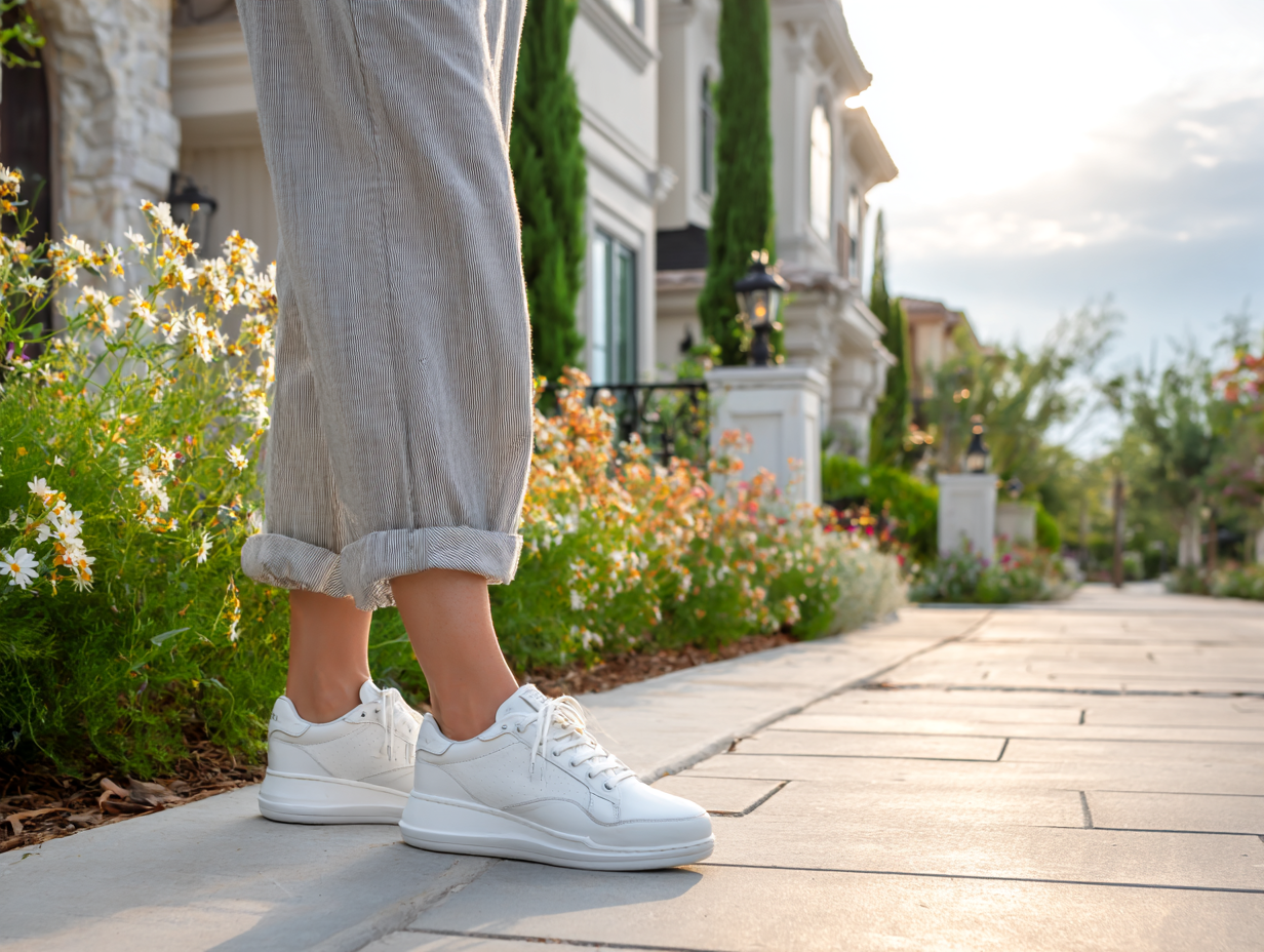 a person's legs in white shoes on a sidewalk