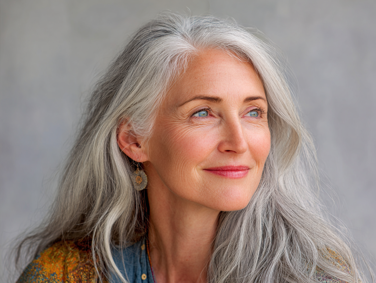 midlife woman with gray hair smiling