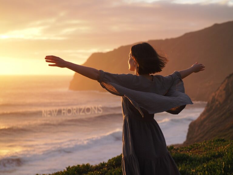 Midlife woman at sunrise with words new horizons