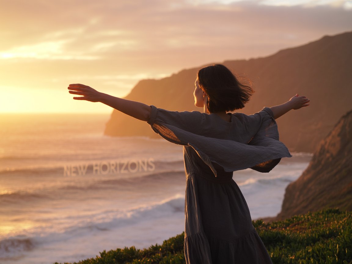 Midlife woman at sunrise with words new horizons