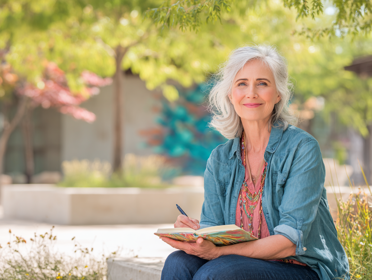 Smiling woman holding a journal, seated outdoors in a peaceful space. Feeling empowered and connected through a midlife blog journey