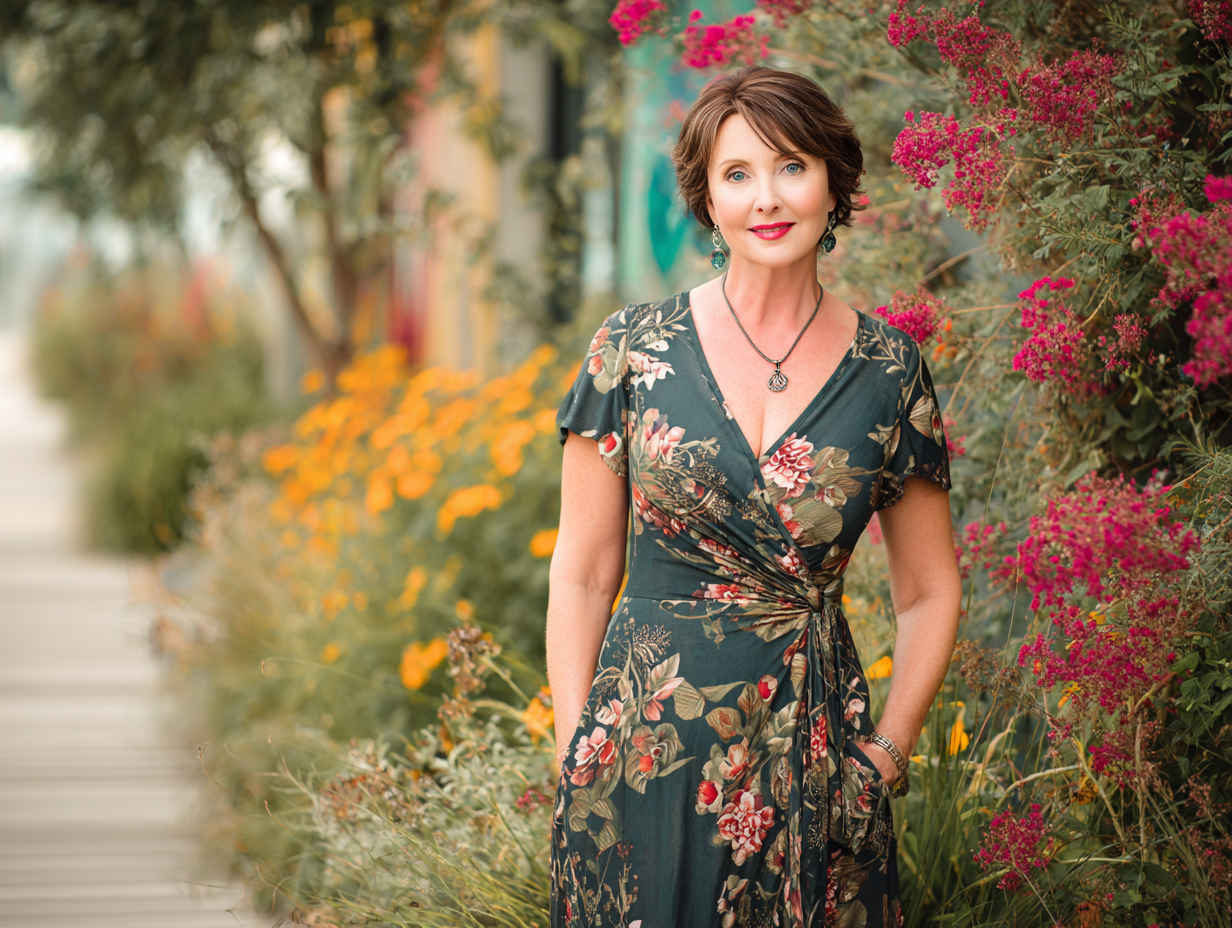 Effortless style tips for women over 50 — woman in wrap dress outdoors.
