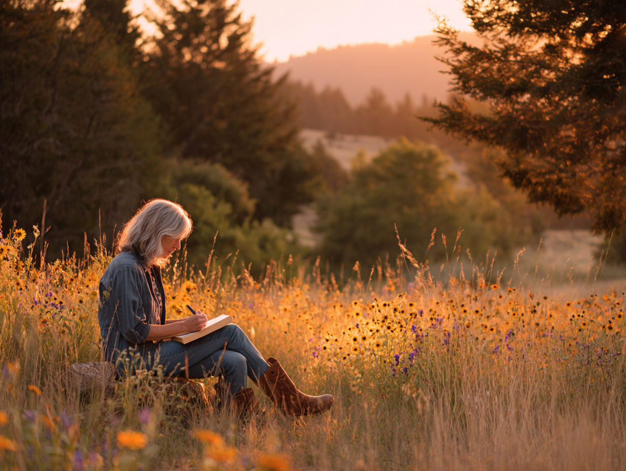 a woman sitting on a rock writing in a field of flowers