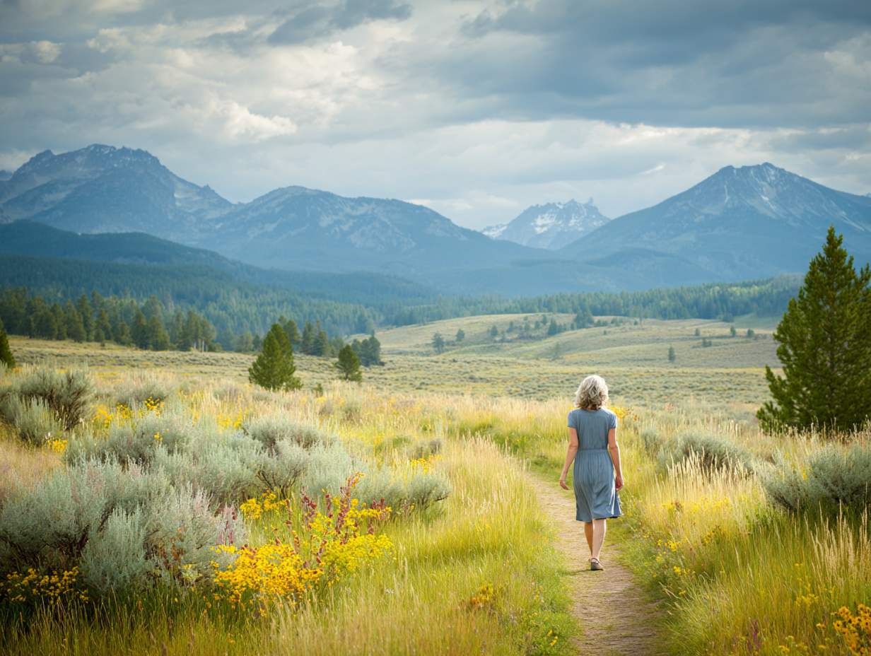 A woman walking alone in a wide-open scenic location