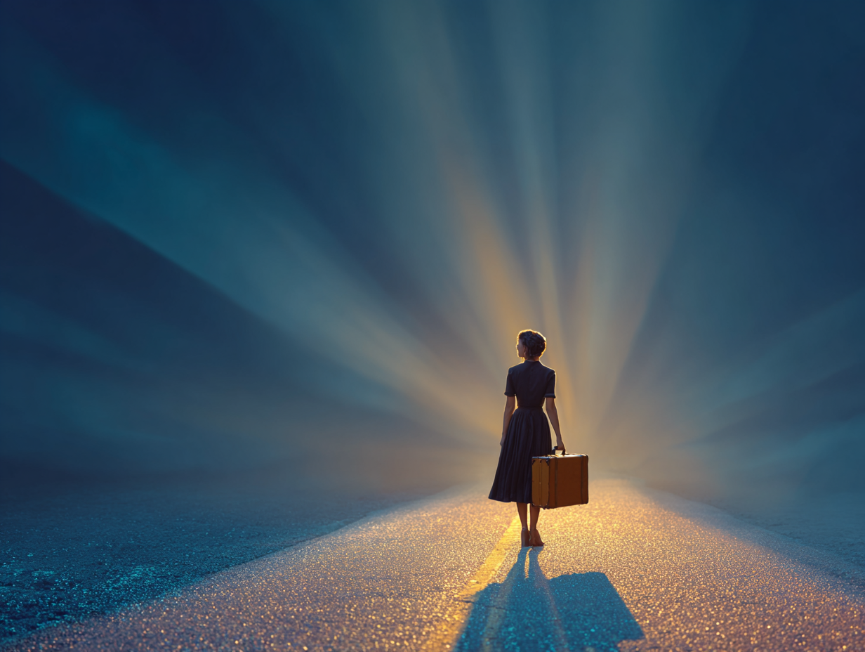 Confident woman walking toward midlife reinvention into spotlight with a suitcase