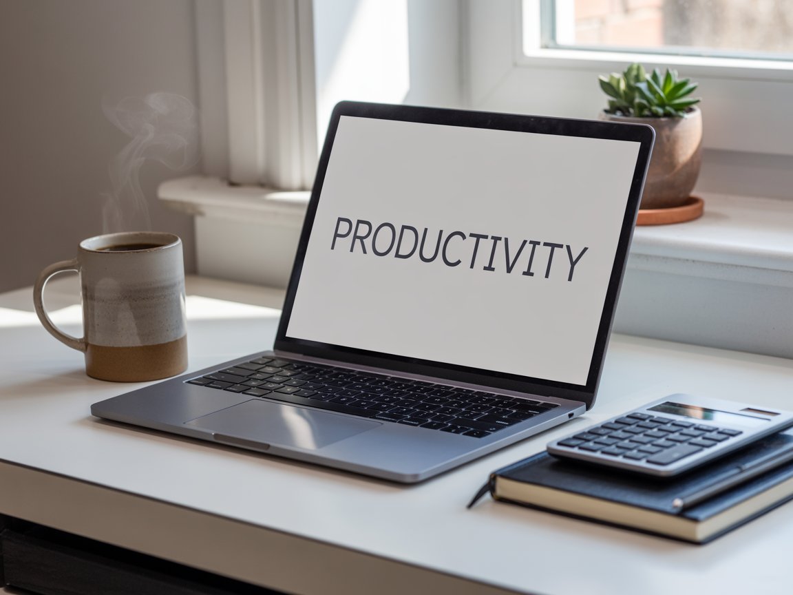 Laptop, coffee, notebook, and a calculator on a clean desk setup. Blogging about midlife reinvention and financial freedom