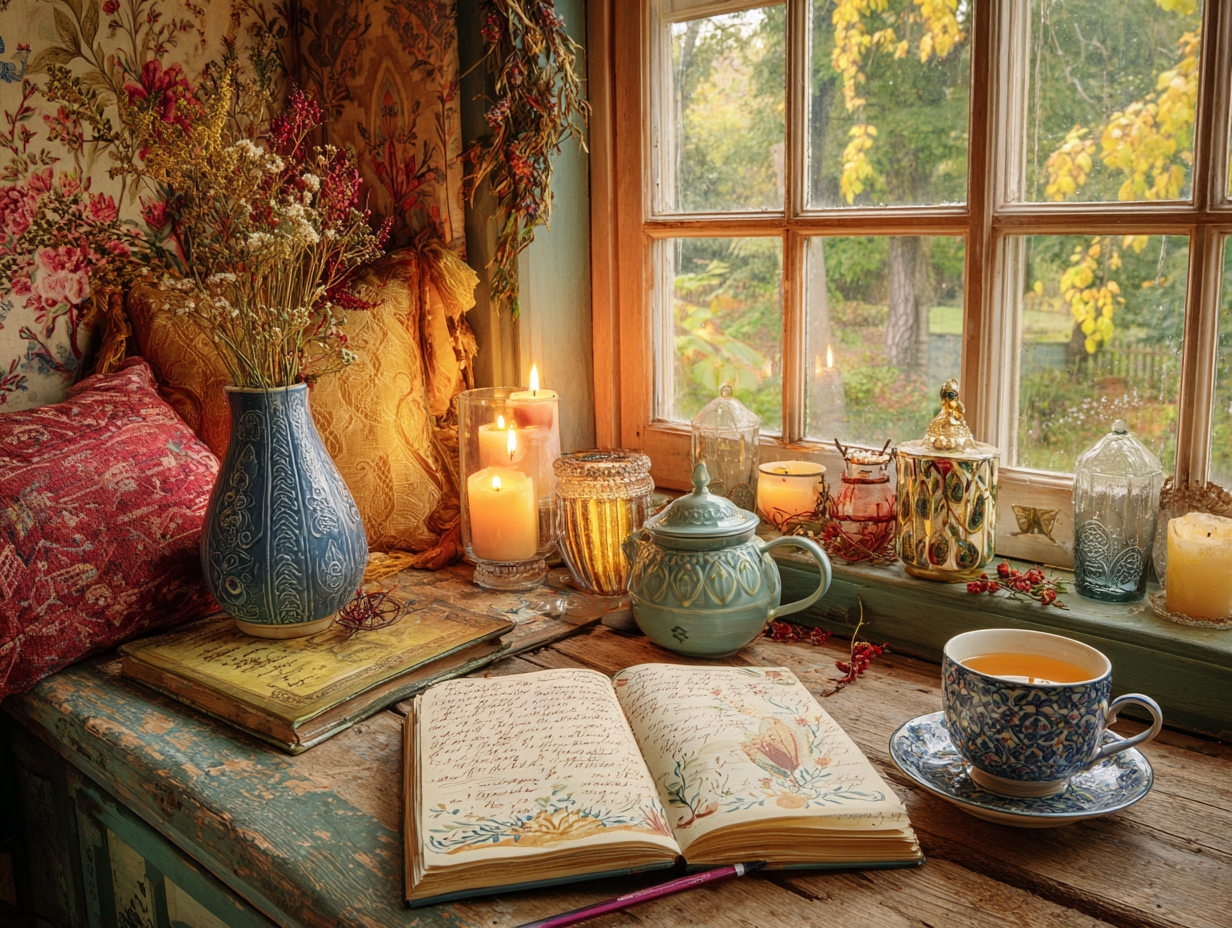 A cozy retreat setting with candles, a journal, and tea by a window.