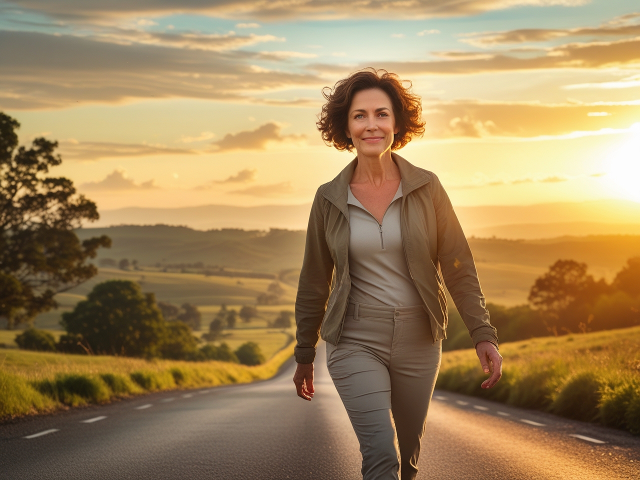 woman walking confidently into a new day. New beginnings and fresh starts in midlife