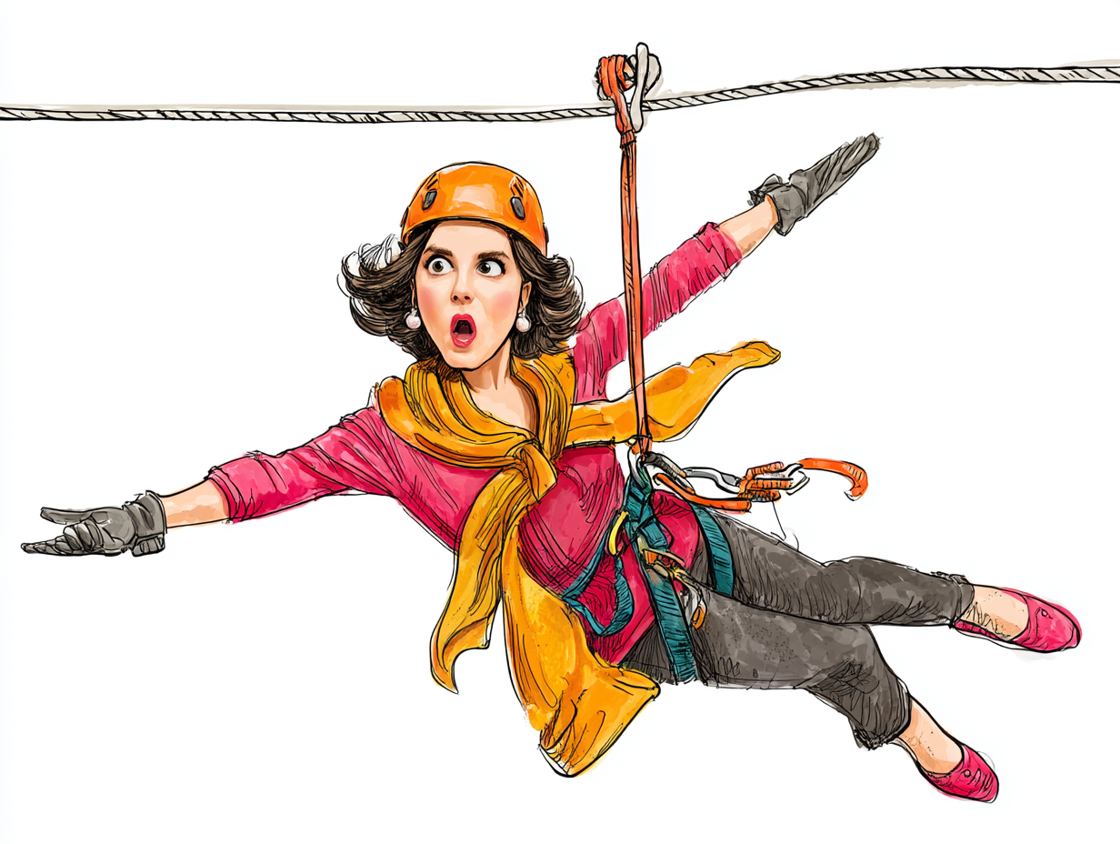 A humorous illustration of someone ziplining mid-air with an unsure expression.