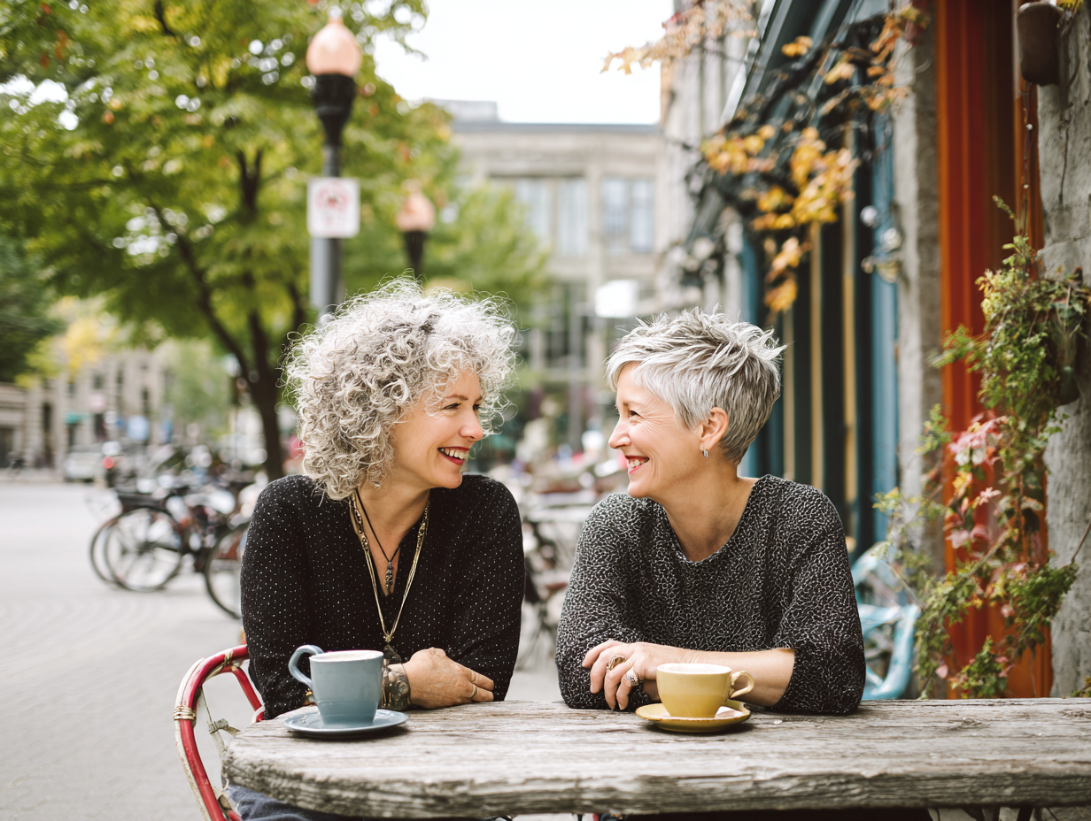 two midlife women having coffee outside. refresh your social life after 50