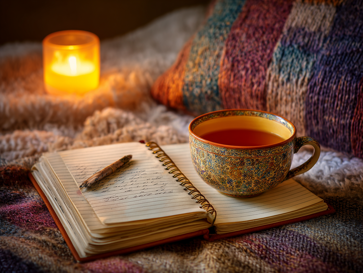 A cozy wellness scene—journal, cup of tea, soft lighting for midlife reinvention