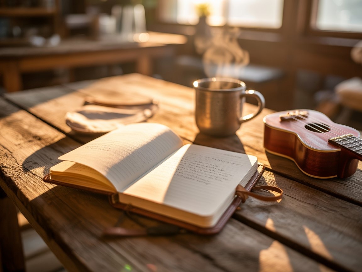 a ukulele and notebook on a table for productivity tips for women over 50