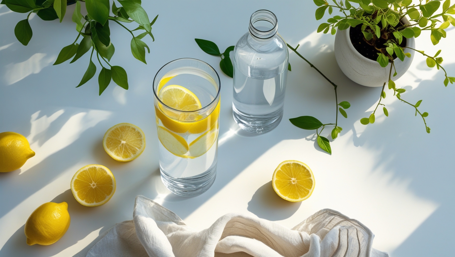 Flat lay of lemon water and reusable bottle for healthy morning routine