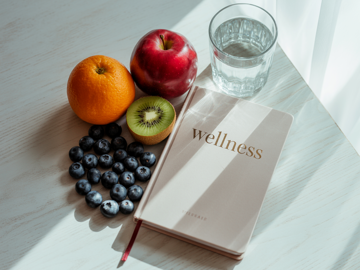 lat lay of colorful fruits, a glass of water, and a journal with “wellness” on the cover Midlife health journey with whole foods and self-care