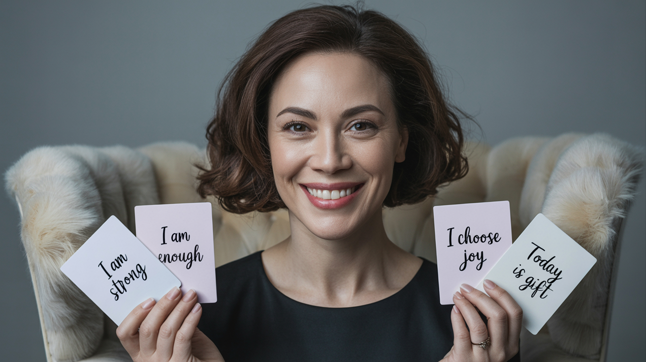 a woman holding up affirmation cards that say I am strong, I am enough, I choose joy Today is a gift