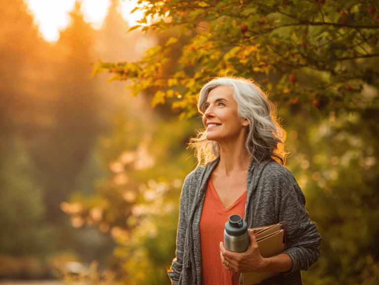 a woman holding a book and a water bottle