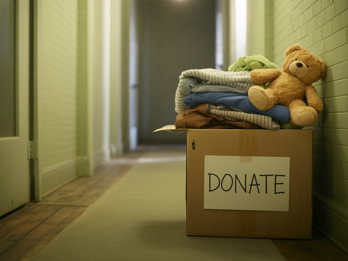 a  donate box with clothes and teddy bear on it