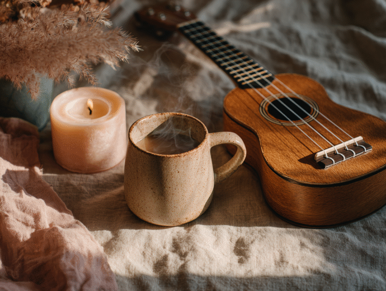 ukulele, coffee, and candle. How to create a purposeful morning routine