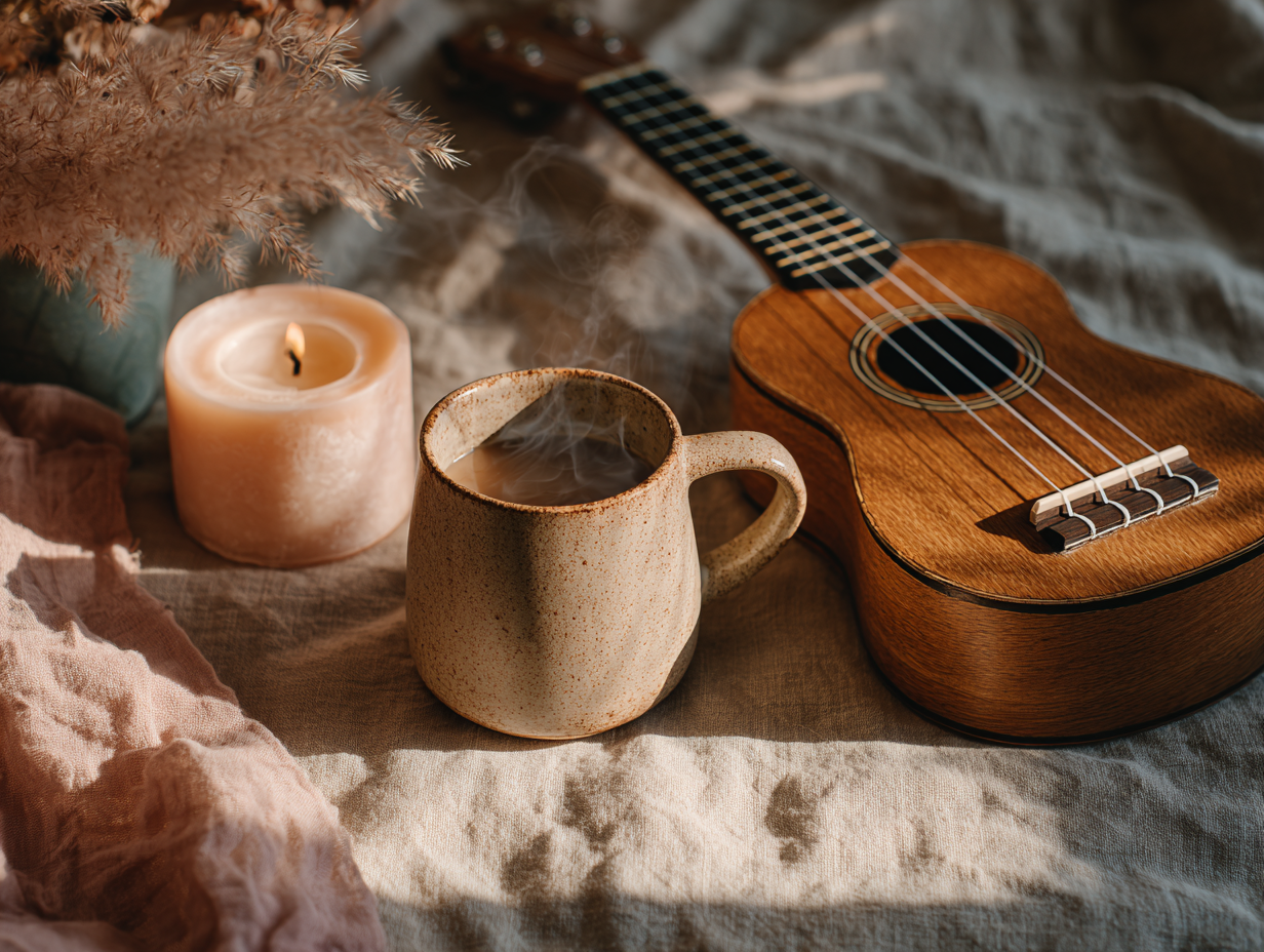 ukulele, coffee, and candle. How to create a purposeful morning routine