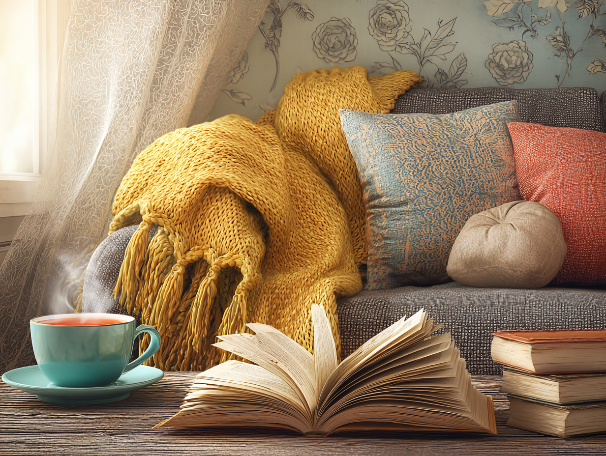 a book and a cup on a table. Best evening routines for better sleep and wellbeing.