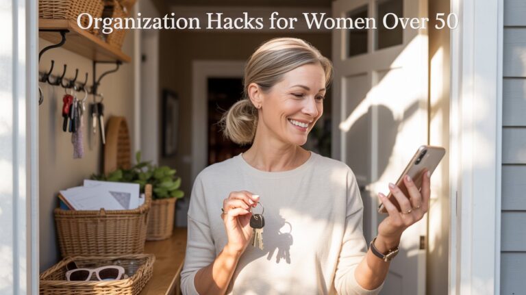 a woman holding a phone and keys. organization hacks for women over 50