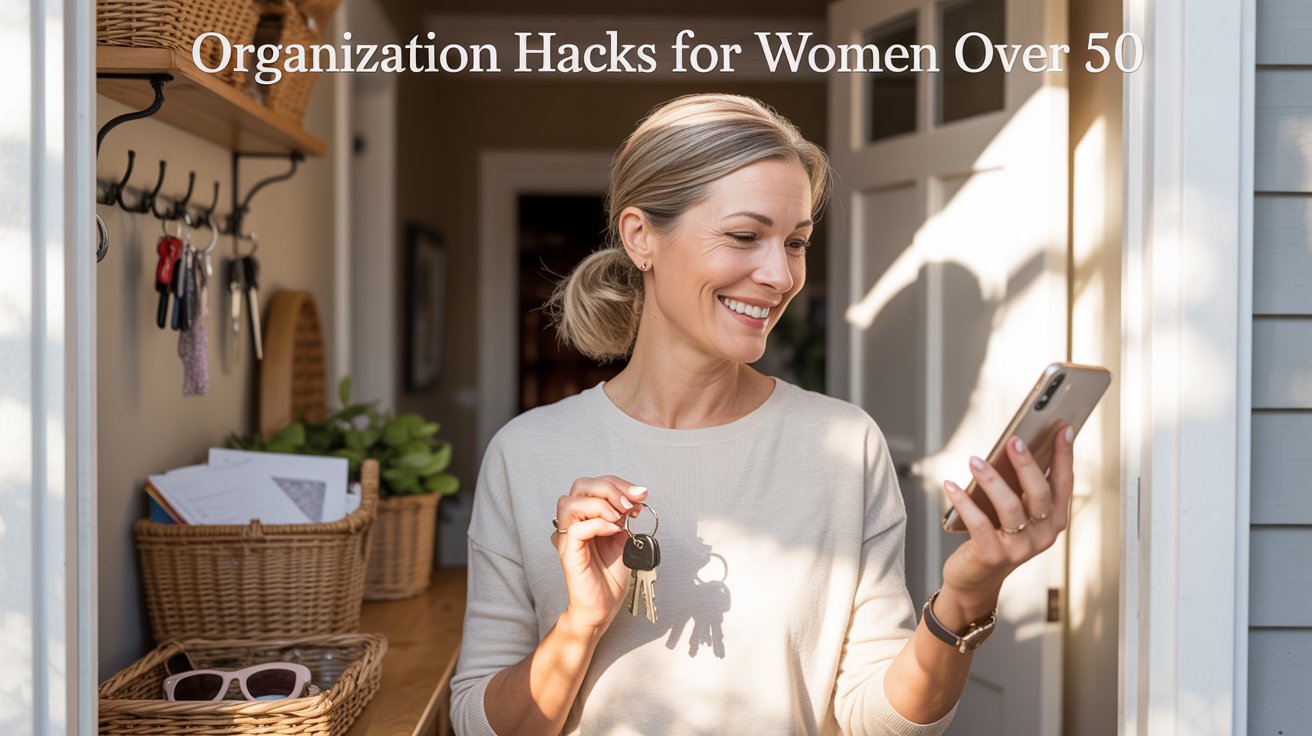a woman holding a phone and keys. organization hacks for women over 50
