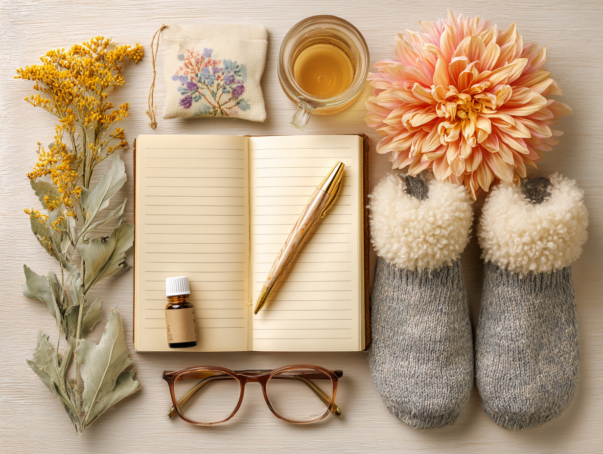 a notebook with a pen and flowers and a glass of liquid