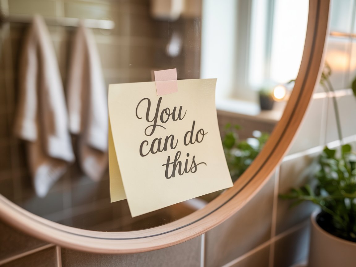 a note on a mirror that says "you can do this"