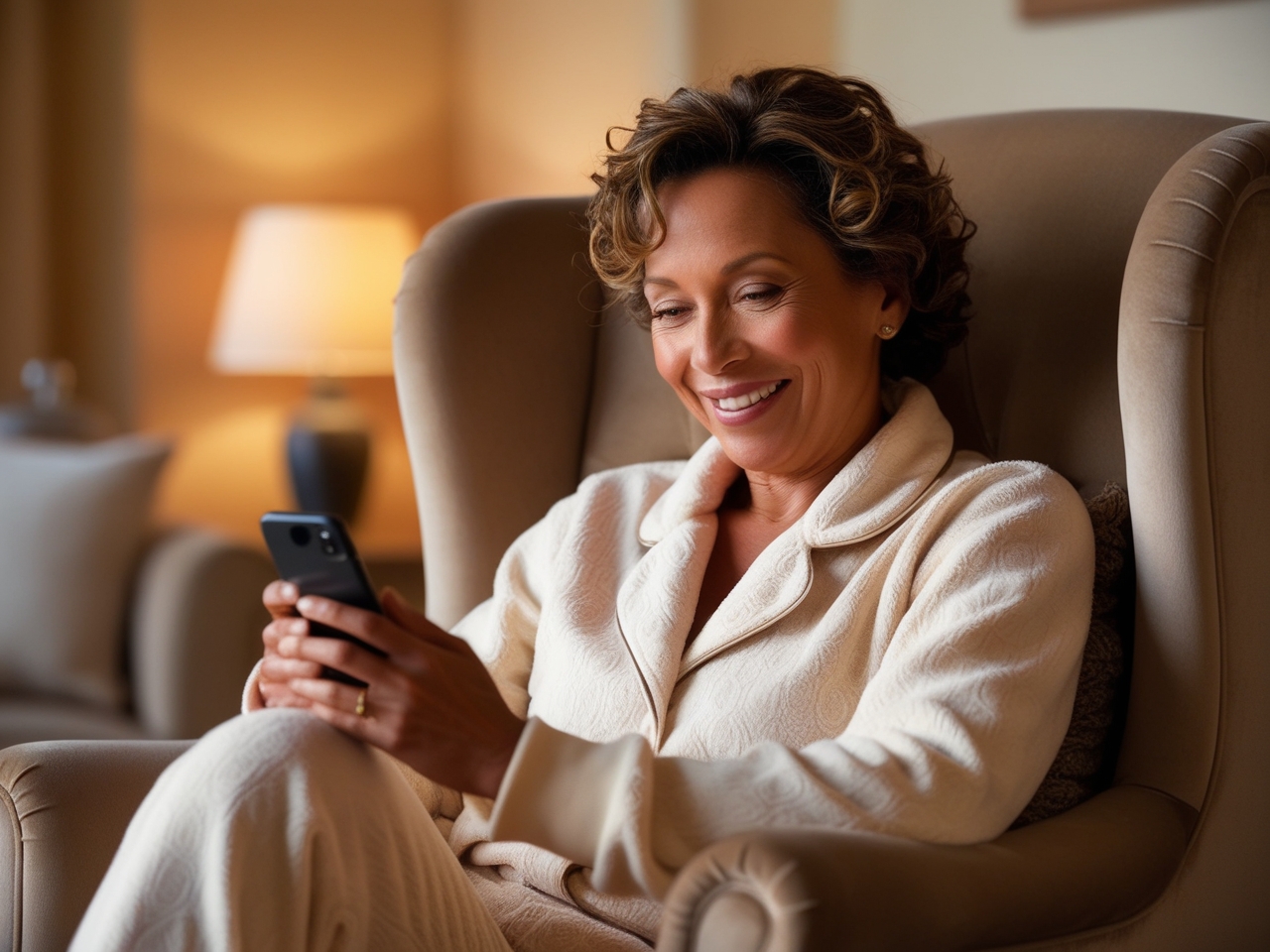 A woman in her 50s curled up in a chair, smiling at her phone