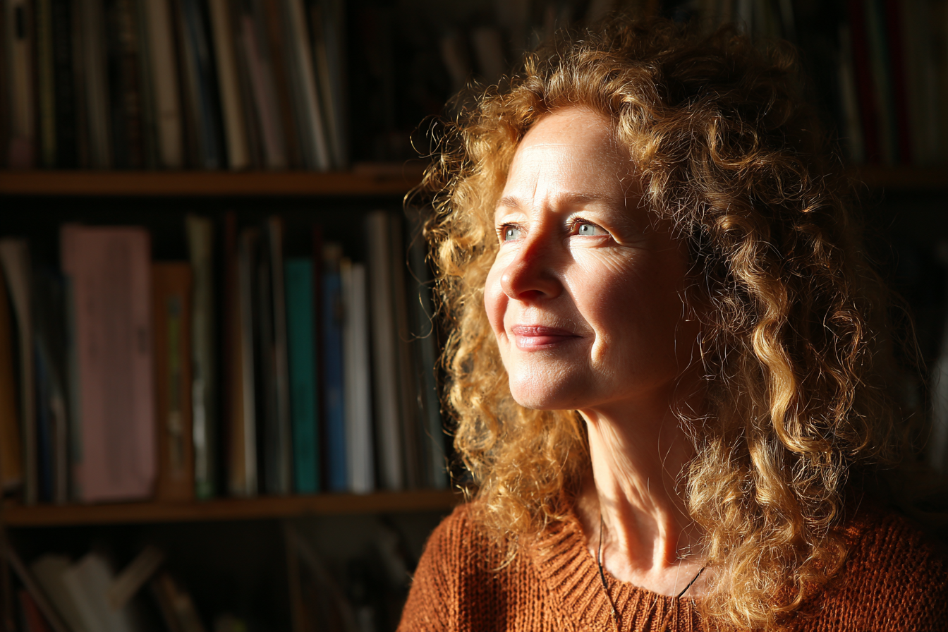 50  year old woman smiling in a room full of books, starting over at 50
