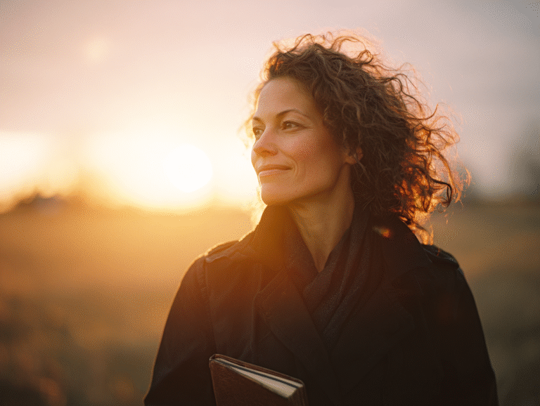midlife woman with journal looking hopeful