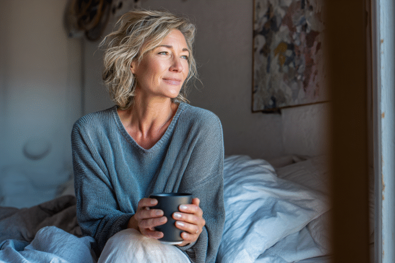 Midlife woman looking tired with coffee in hand — is it normal to feel tired in your 40s?