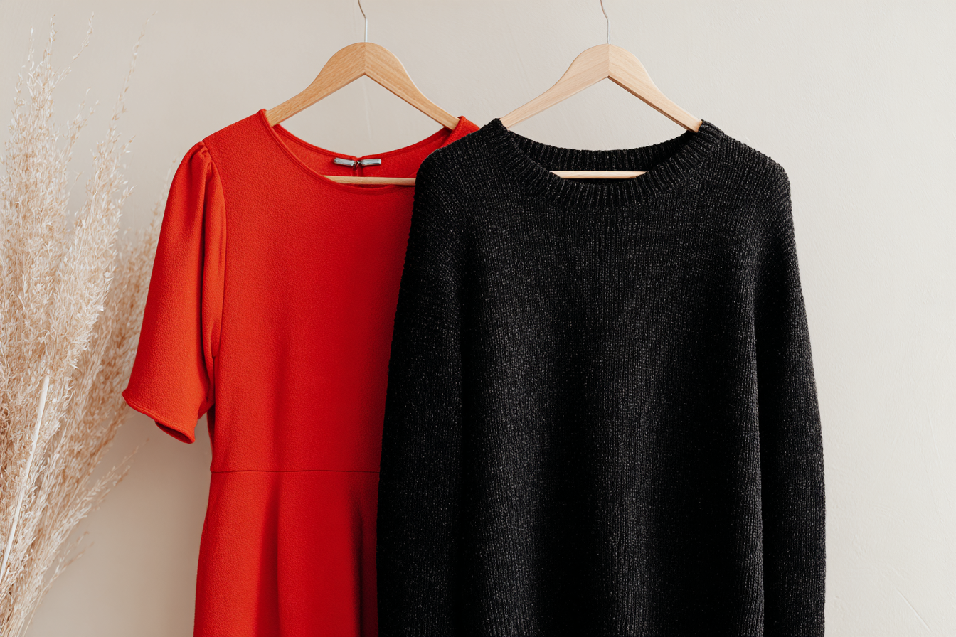 red dress and black sweater
