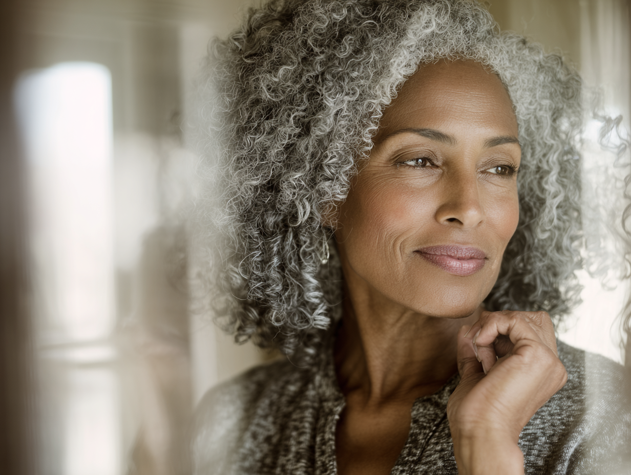 Midlife woman looking in mirror