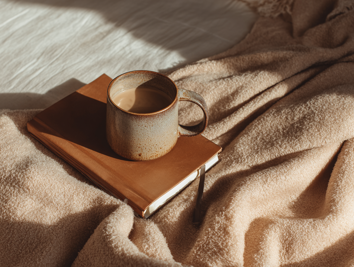 Flat lay of coffee mug, jounral, and blanket