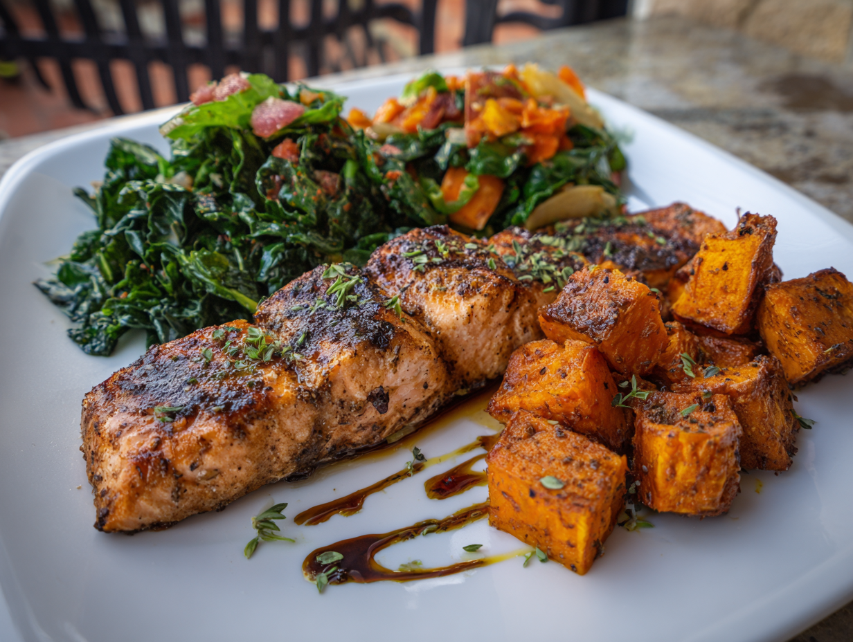Salmon, greens, and sweet ptotatoes